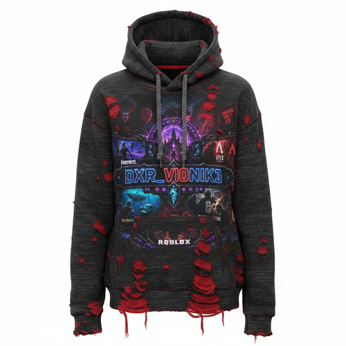 DXR_VI0NIK3 Distressed Pullover Hoodie - Black Grey Red